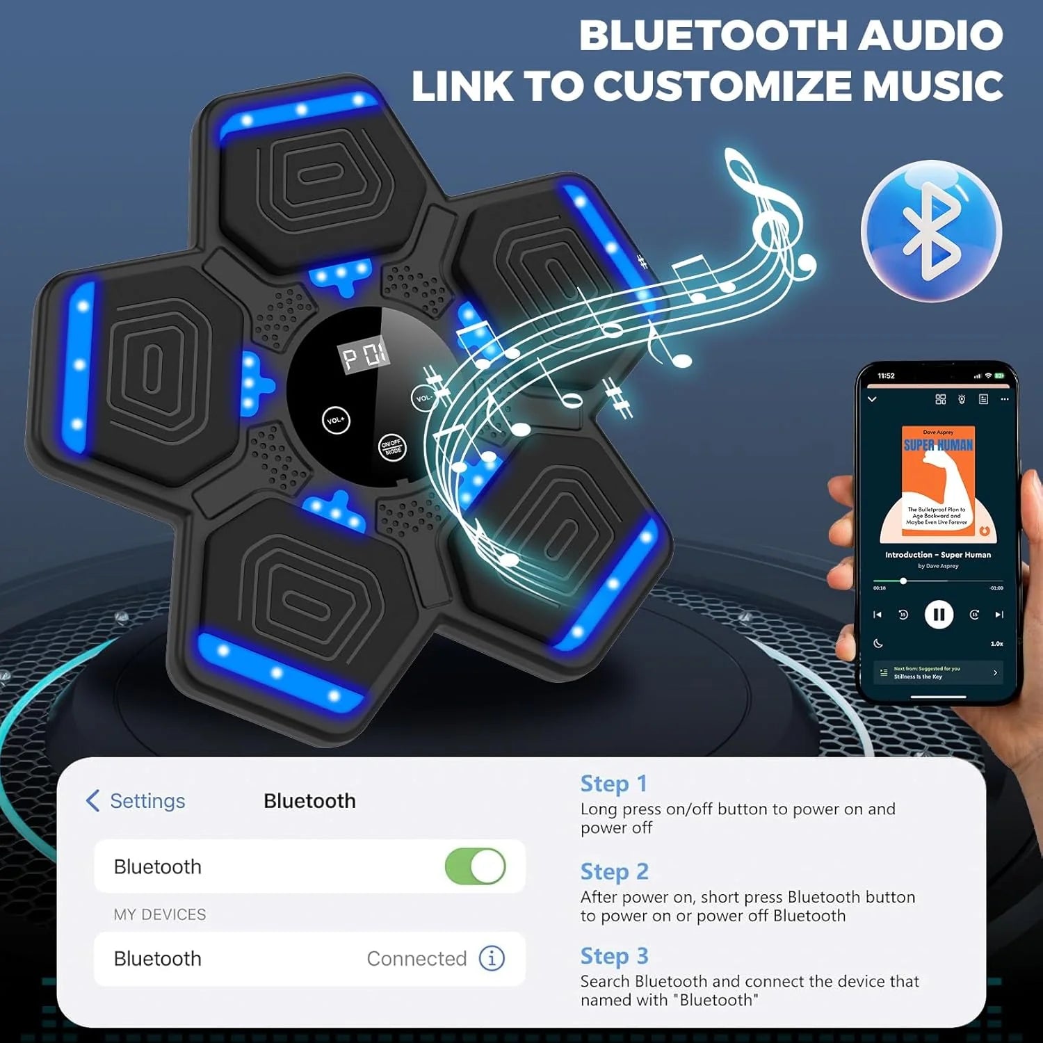 Smart Bluetooth Music Boxing Machine with Gloves – Wall-Mounted LED Punching Target for Home Workouts